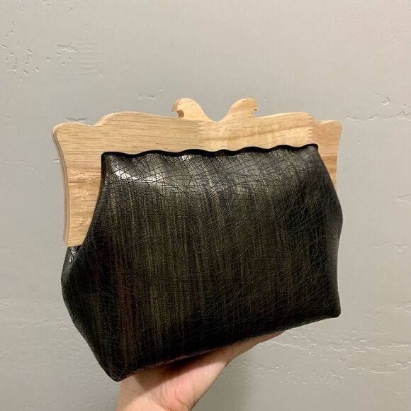 Handmade Genuine Cowhide Embossed  Leather Wooden Frame Purse & 2 Strap Styles - Picture 6 of 15